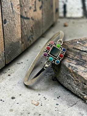 Vintage Sterling Silver Multi-Gemstone Bangle Bracelet - Colorful Accent